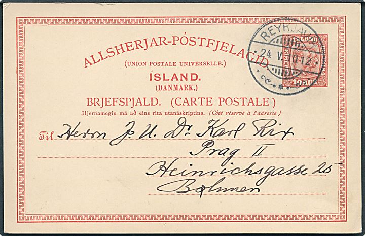 10 aur To Konger helsagsbrevkort fra Reykjavik d. 24.5.1910 til Prag, Böhmen, Østrig. Uden meddelelse på bagsiden.