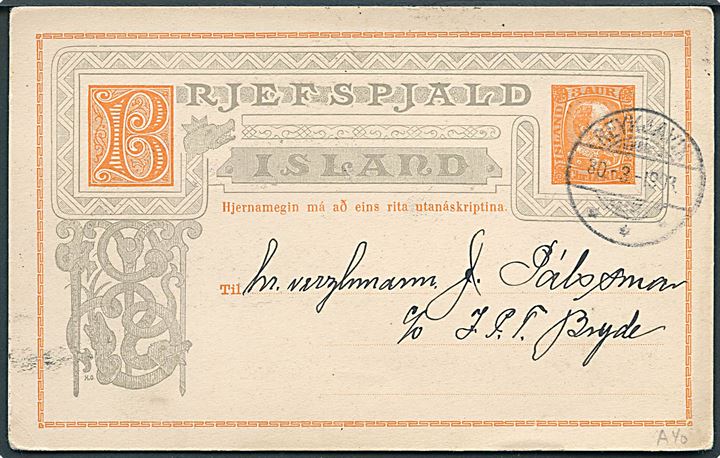 3 aur Chr. IX lokalt helsagsbrevkort i Reykjavik d. 30.3.1908.