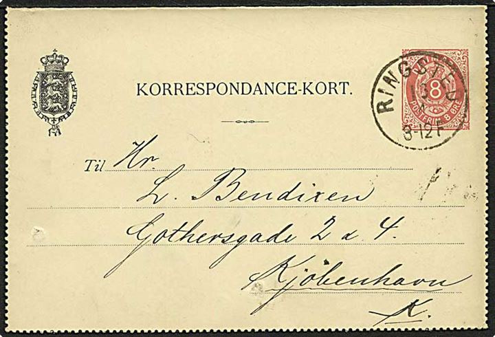 8 øre helsags korrespondancekort annulleret med lapidar stempel Ringsted d. 13.4.1889 til København.