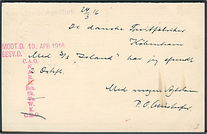 5 aur To Konger spørgedel af dobbelt helsagsbrevkort med vandmærke fra Reykjavik d. 24.3.1916 til København. Noteret ankommet d. 10.4.1916. 