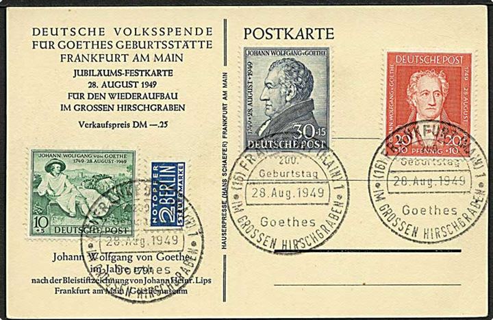 Komplet sæt Goethe mindeudg. på uadresseret jubilæums festkarte stemplet Frankfurt d. 28.8.1949.