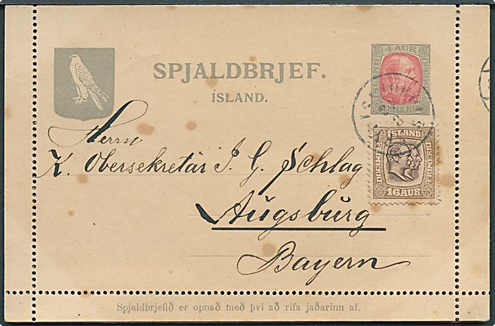 4 aur Chr. IX helsags korrespondancekort med fuld rand opfrankeret med 16 aur To Konger fra Seydisfjördur d. 24.3.1908 til Augsburg, Bayern. Lidt rust.