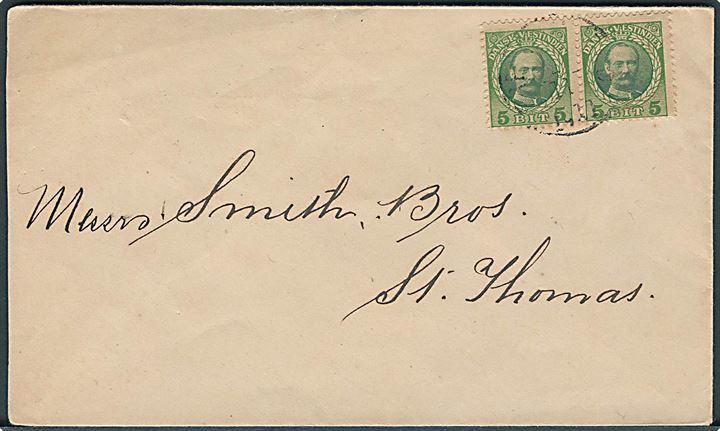 5 bit i parstykke på brev annulleret med svagt stempel i Frederiksted d. 2.11.1911 til St. Thomas. Ank.stempel på bagsiden.