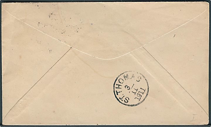 5 bit i parstykke på brev annulleret med svagt stempel i Frederiksted d. 2.11.1911 til St. Thomas. Ank.stempel på bagsiden.