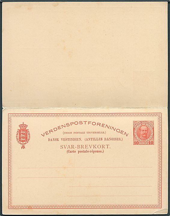 10+10 bit Fr. VIII dobbelt helsagsbrevkort sendt lokalt på St. Thomas d. 28.9.191(2?). Vedhængende ubenyttet svardel. Uden meddelelse.