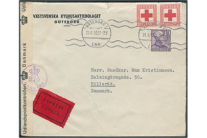 10 öre Gustaf og 20 öre Røde Kors (par) på ekspresbrev fra Göteborg d. 21.6.1945 til Hillerød, Danmark. Åbnet af dansk efterkrigscensur (krone)/276/Danmark.