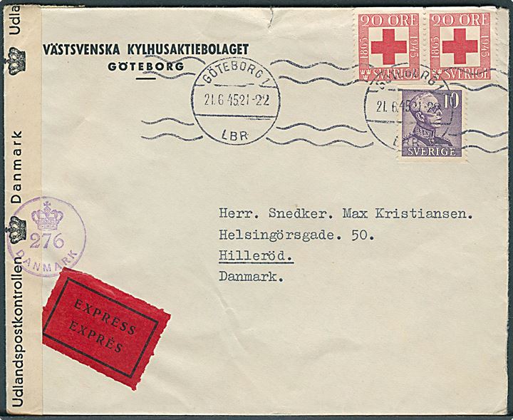 10 öre Gustaf og 20 öre Røde Kors (par) på ekspresbrev fra Göteborg d. 21.6.1945 til Hillerød, Danmark. Åbnet af dansk efterkrigscensur (krone)/276/Danmark.