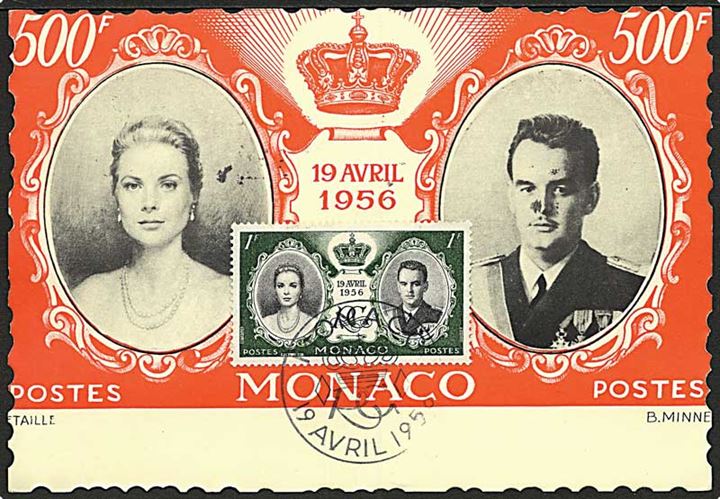 1 fr. Fyrstebryllup på maxikort annulleret med særstempel 19.4.1956.