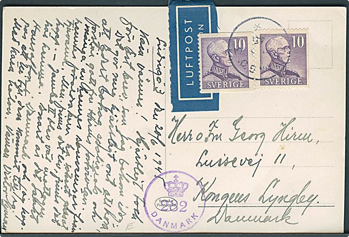 10 öre Gustaf i parstykke på luftpost brevkort fra Lidingö d. 20.6.1945 til Lyngby, Danmark. Dansk efterkrigscensur (krone)/282/Danmark.