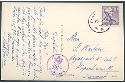 10 öre Gustaf på brevkort (Luftfoto af Figeholm) fra Figeholm d. 15.8.1945 til København, Danmark. Dansk efterkrigscensur (krone)/285/Danmark.