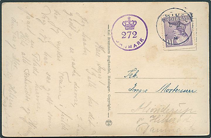 10 öre Gustaf på brevkort fra Åstorp d. 8.9.1945 til Hillerød, Danmark. Dansk efterkrigscensur (krone)/272/Danmark.