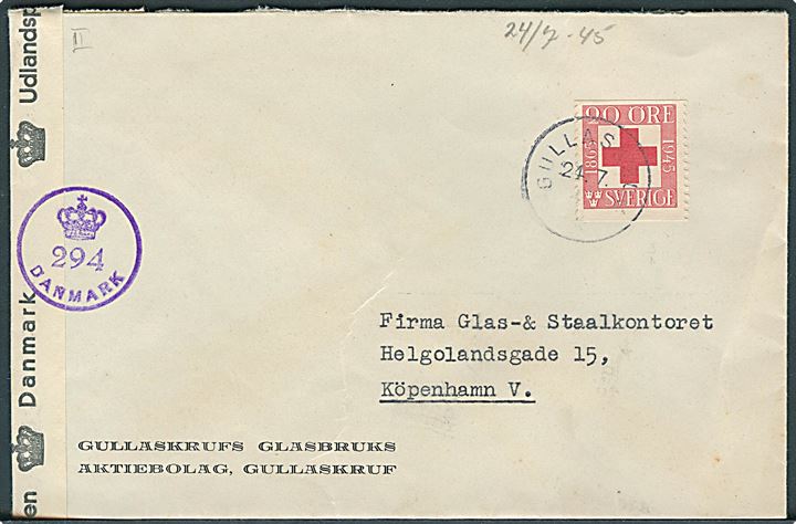 20 öre Røde Kors på brev fra Gullaskruv d. 24.7.1945 til København, Danmark. Åbnet af dansk efterkrigscensur (krone)/294/Danmark.