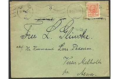 10 øre rød Fr. VIII helsagsklip på brev fra København d. 12.7.1916 til Vester Melholte.