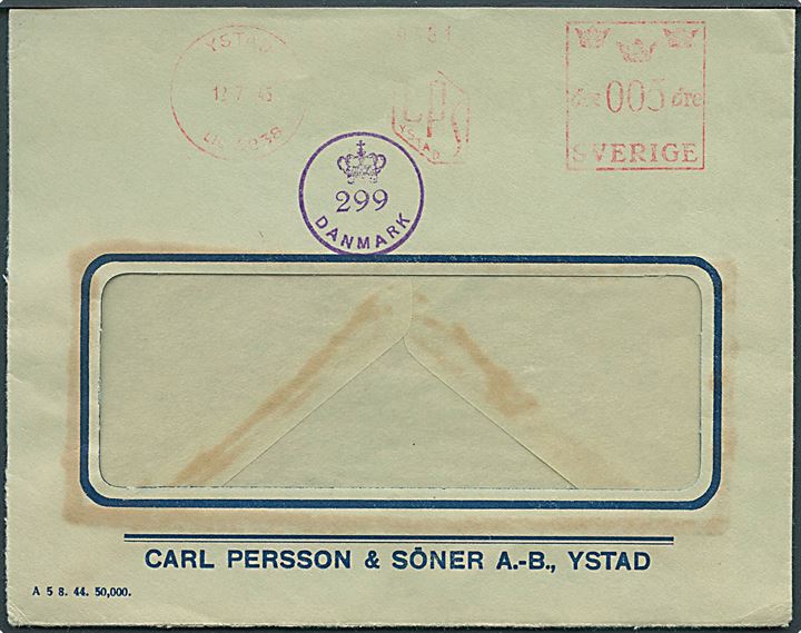 5 öre firmafranko på rudekuvert sendt som tryksag fra Ystad d. 12.7.1945 til Danmark. Passér stemplet af den danske efterkrigscensur (krone)/299/Danmark.