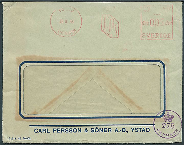 5 öre firmafranko på rudekuvert sendt som tryksag fra Ystad d. 28.8.1945 til Danmark. Passér stemplet af den danske efterkrigscensur (krone)/275/Danmark.