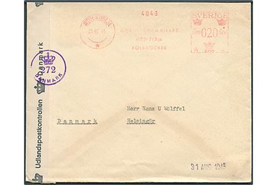 20 øre firmafranko på brev fra Stockholm d. 25.8.1945 til Helsingør, Danmark. Åbnet af dansk efterkrigscensur (krone)/272/Danmark.