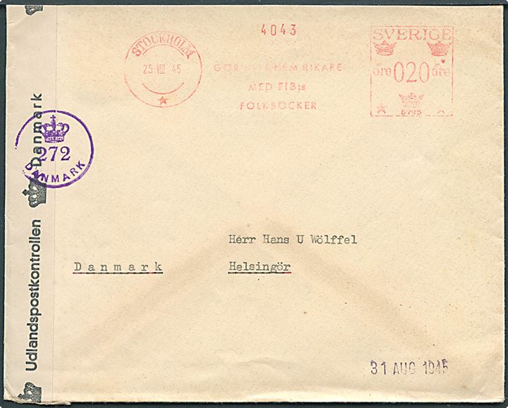 20 øre firmafranko på brev fra Stockholm d. 25.8.1945 til Helsingør, Danmark. Åbnet af dansk efterkrigscensur (krone)/272/Danmark.