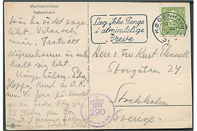 15 øre Chr. X på brevkort fra København d. 13.7.1945 til Stockholm, Sverige. Dansk efterkrigscensur (krone)/290/Danmark.