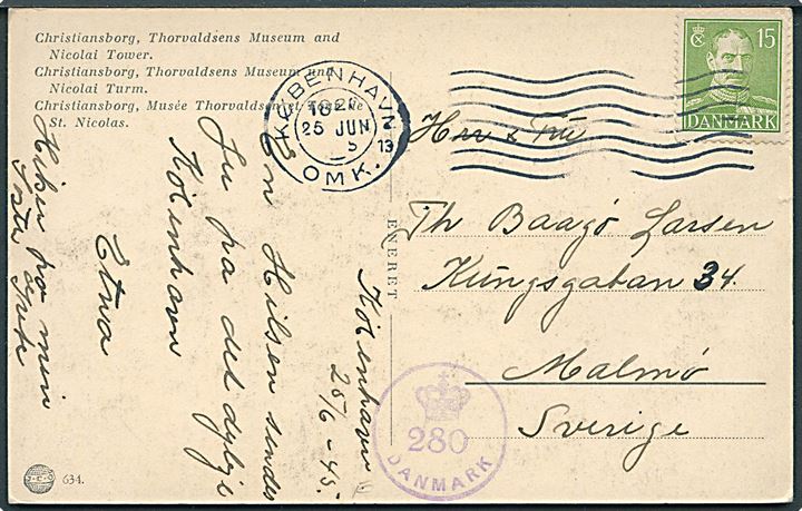 15 øre Chr. X på brevkort fra København d. 20.6.1945 til Malmö, Sverige. Dansk efterkrigscensur (krone)/280/Danmark.