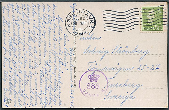 15 øre Chr. X på brevkort fra København d. 26.9.1945 til Tureberg, Sverige. Dansk efterkrigscensur (krone)/288/Danmark.