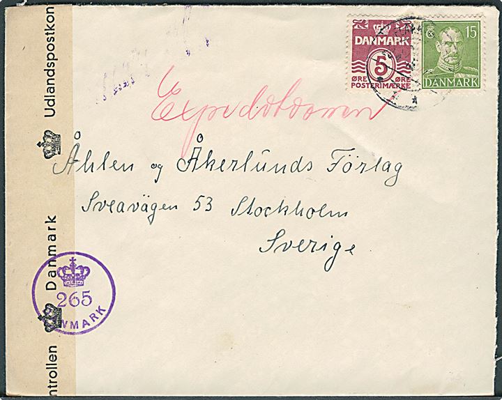 5 øre Bølgelinie og 15 øre Chr. X på brev fra Flakkebjerg d. 28.6.1945 til Stockholm, Sverige. Åbnet af dansk efterkrigscensur (krone)/265/Danmark.