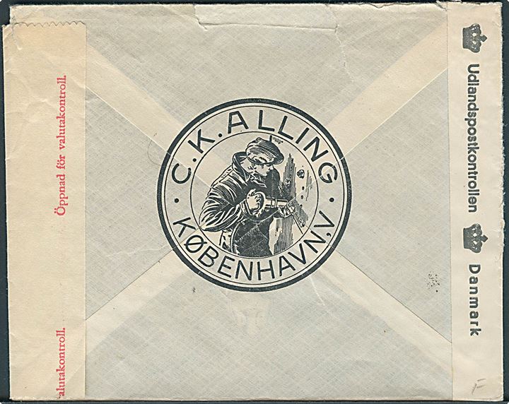 20 øre Chr. X på brev fra København d. 31.8.1945 til Stockholm, Sverige.  Åbnet af dansk efterkrigscensur (krone)/280/Danmark og svensk valutakontrol.