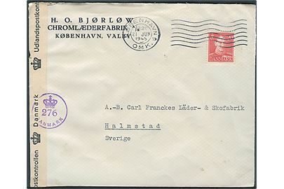 20 øre Chr. X på brev fra København d. 21.6.1945 til Halmstad, Sverige.  Åbnet af dansk efterkrigscensur (krone)/276/Danmark.
