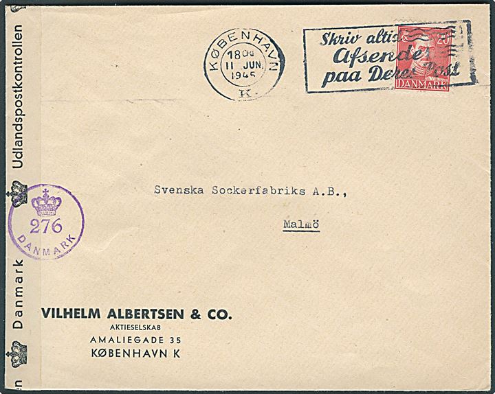 20 øre Chr. X på brev fra København d. 11.6.1945 til Malmö, Sverige.  Åbnet af dansk efterkrigscensur (krone)/276/Danmark.