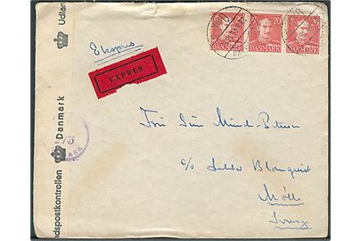 20 øre Chr. X i 3-stribe på ekspresbrev fra København d. 29.8.1945 til Mölle, Sverige.  Åbnet af dansk efterkrigscensur (krone)/273/Danmark.
