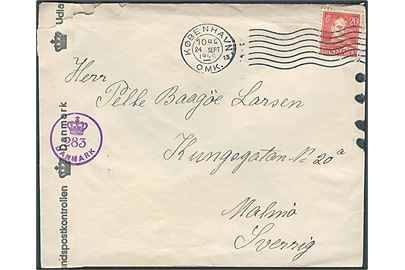 20 øre Chr. X på brev fra København d. 24.9.1945 til Malmö, Sverige.  Åbnet af dansk efterkrigscensur (krone)/283/Danmark.