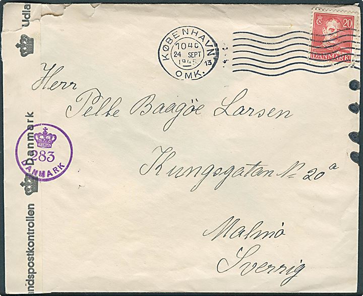 20 øre Chr. X på brev fra København d. 24.9.1945 til Malmö, Sverige.  Åbnet af dansk efterkrigscensur (krone)/283/Danmark.