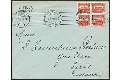 10 øre rød Kronborg Slot, 4 blok, på brev fra København d. 8.6.1921 til Leeds, England.