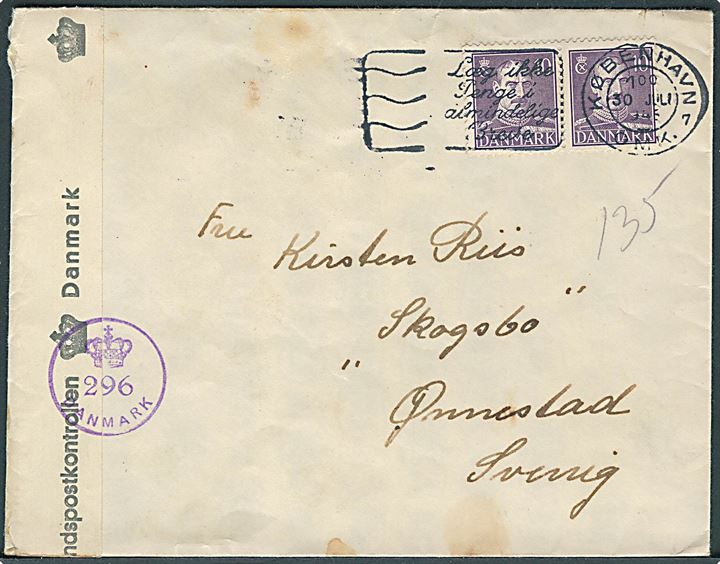 10 øre Chr. X i parstykke på brev fra København d. 30.7.1945 til Önnestad, Sverige.  Åbnet af dansk efterkrigscensur (krone)/296/Danmark.