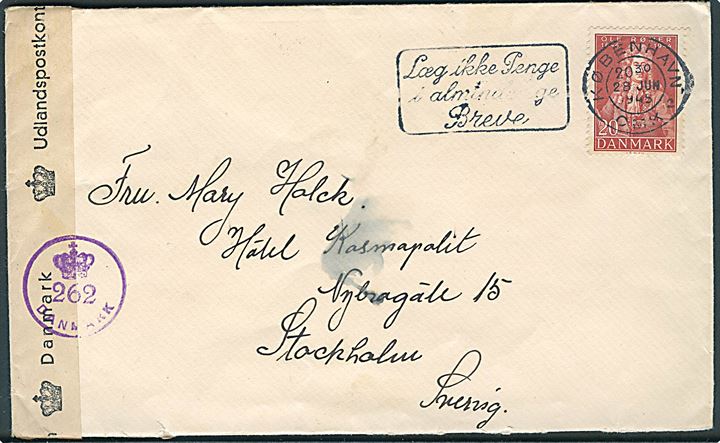 20 øre Ole Rømer på brev fra København d. 28.6.1945 til Stockholm, Sverige.  Åbnet af dansk efterkrigscensur (krone)/262/Danmark.