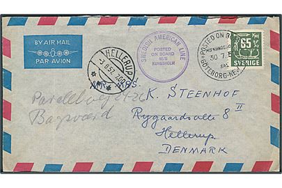 65 øre på luftpostbrev annulleret med skibsstempel Posted on board M/S Kungsholm * Göteborg - New York * d. 30.7.1957 til Hellerup, Danmark - eftersendt til Bagsværd.