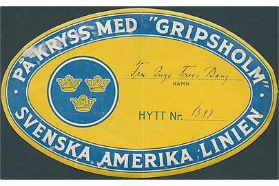 Svensk Amerika Linie. Bagage label fra M/S Gripsholm.