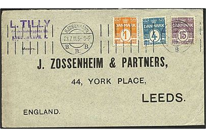 1 øre orange, 4 øre blå og 15 øre brunlilla bølgelinie på brev fra København d. 23.7.1911 til Leeds, England.