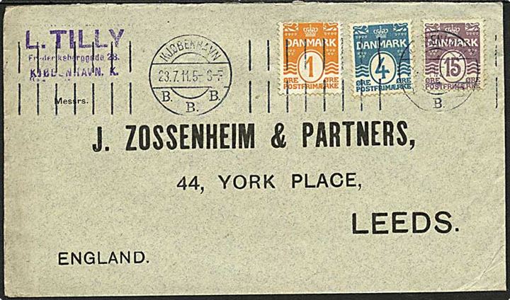 1 øre orange, 4 øre blå og 15 øre brunlilla bølgelinie på brev fra København d. 23.7.1911 til Leeds, England.