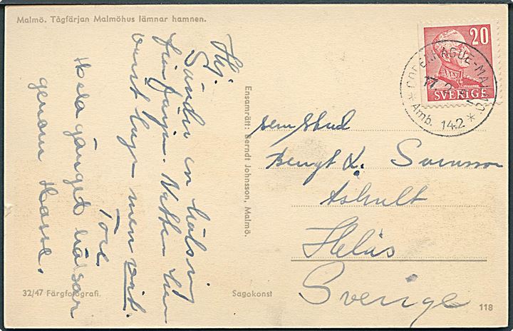 20 öre Gustaf på brevkort (Togfærgen Malmöhus i Malmö) annulleret med sejlende bureaustempel Copenhague - Malmö * Amb. 142 * d. 17.2.1952 til Helås, Sverige.