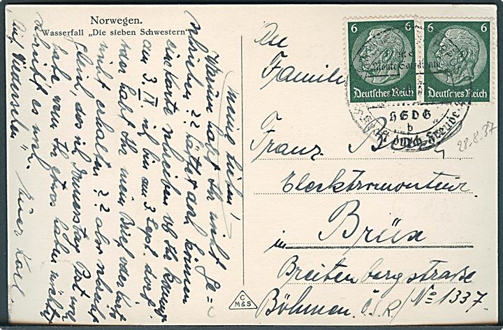6 pfg. Hindenburg i parstykke på brevkort (M/S Monte Sarmiento ved de Syv Søstre) annulleret med skibsstempel d. 28.8.1937 til Brüx, Tjekkoslovakiet.