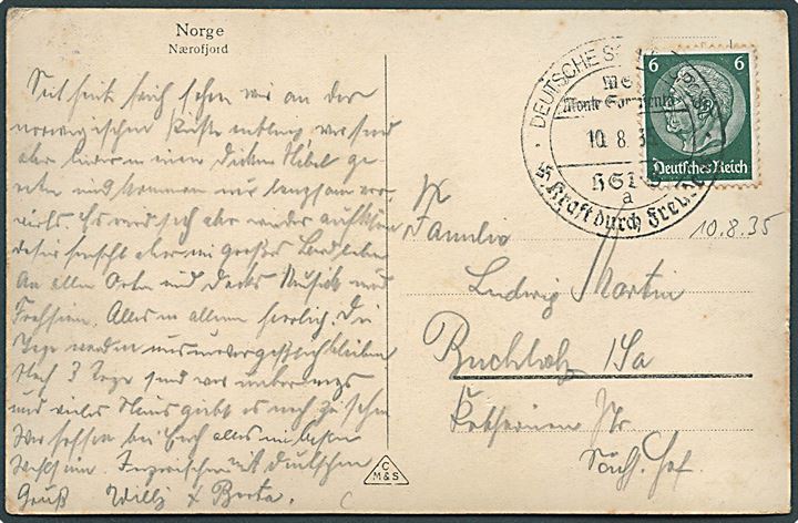 6 pfg. Hindenburg på brevkort (Turistskib i Nærøfjord) annulleret med skibsstempel ombord på M/S Monte Sarmiento d. 10.8.1935 til Tyskland.