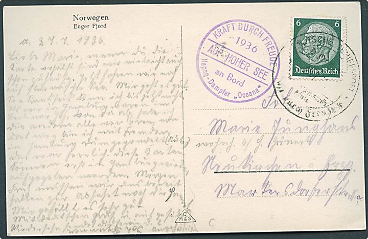 6 pfg. Hindenburg på brevkort (Engerfjord) annulleret med skibsstempel ombord på S/S Oceana d. 27.7.1936 til Tyskland.