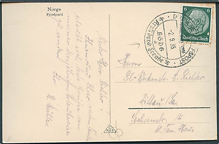 6 pfg. Hindenburg på brevkort (Fjordparti) annulleret med skibsstempel ombord på M/S Monte Sarmiento d. 2.9.1935 til Zittau, Tyskland.