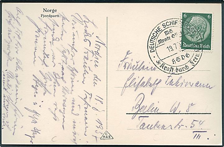 6 pfg. Hindenburg på brevkort (Fjordparti) annulleret med skibsstempel ombord på M/S Monte Olivia d. 19.7.1937 til Berlin, Tyskland.