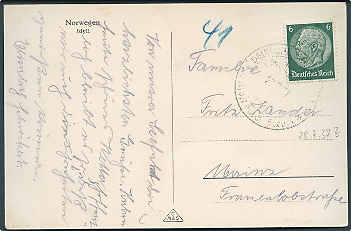 6 pfg. Hindenburg på brevkort (Fjordidyl) annulleret med svagt skibsstempel ombord på M/S Monte Olivia d. 28.7.1937 til Tyskland.