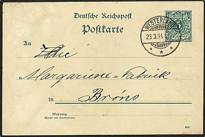 5 pfg. helsagsbrevkort stemplet Westerland d. 23.3.1894 til Bröns.