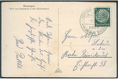 6 pfg. Hindenburg på brevkort (Sognefjord) annulleret med skibsstempel ombord på M/S Monte Olivia d. 3.8.1936 til Berlin, Tyskland.