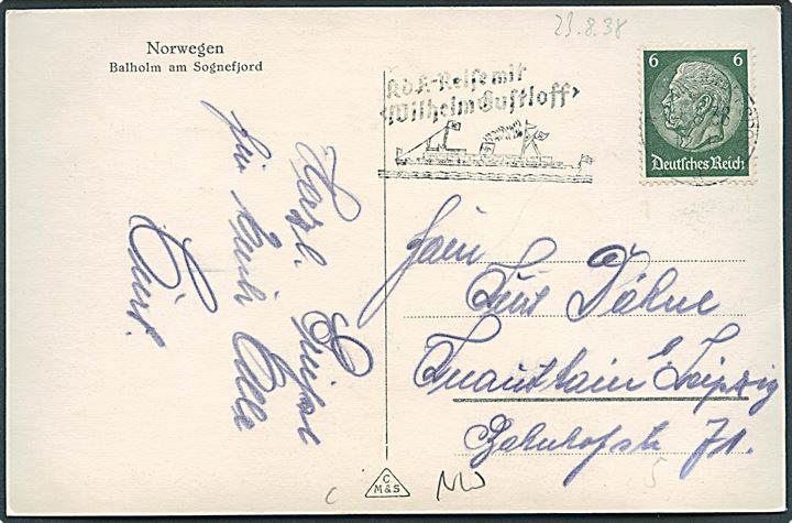 6 pfg. Hindenburg på brevkort (Balholm) annulleret med skibsstempel ombord på M/S Wilhelm Gustoff d. 23.8.1938 til Leipzig, Tyskland.