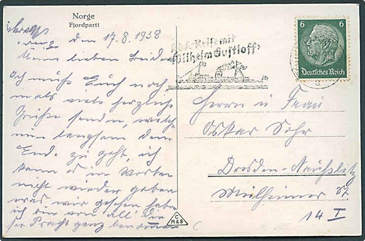 6 pfg. Hindenburg på brevkort (Fjordparti) annulleret med skibsstempel ombord på M/S Wilhelm Gustoff d. 17.8.1938 til Dresden, Tyskland.