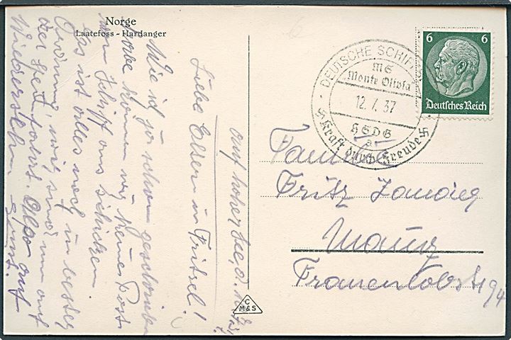 6 pfg. Hindenburg på brevkort (Laatefoss, Hardanger) annulleret med skibsstempel ombord på M/S Monte Olivia d. 12.7.1937 til Mainz, Tyskland.